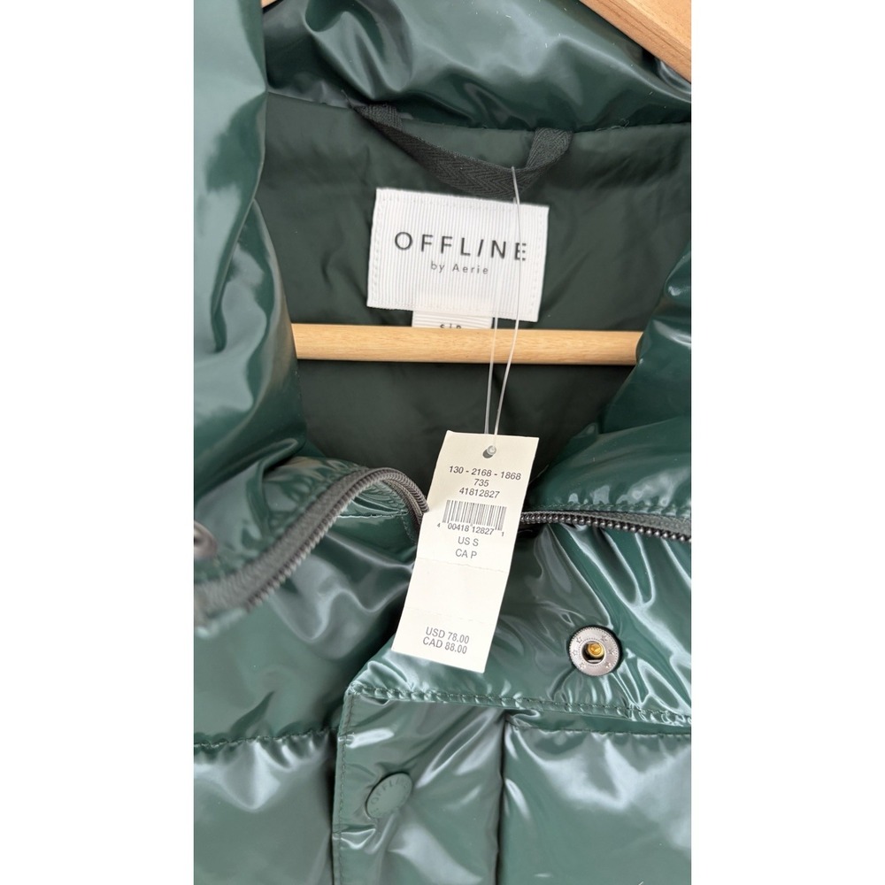 Offline By Aerie Green Shiny Glossy Puffer Vest Size XL Zip & Snap W/Pockets - Picture 3 of 12